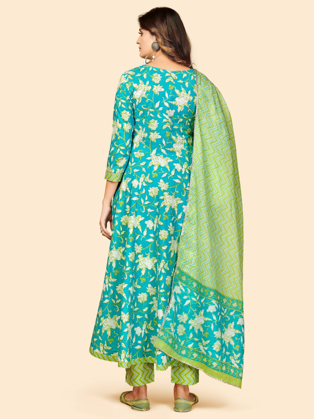 Aqua Embroidered Anarkali Cotton Kurta Set