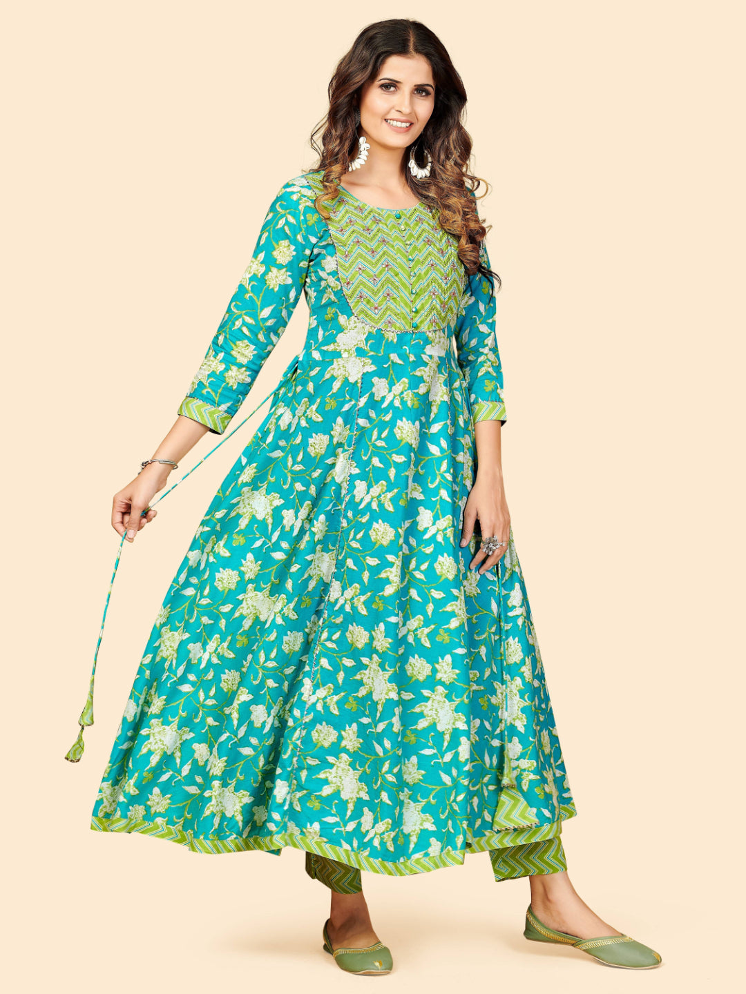 Aqua Embroidered Anarkali Cotton Kurta Set