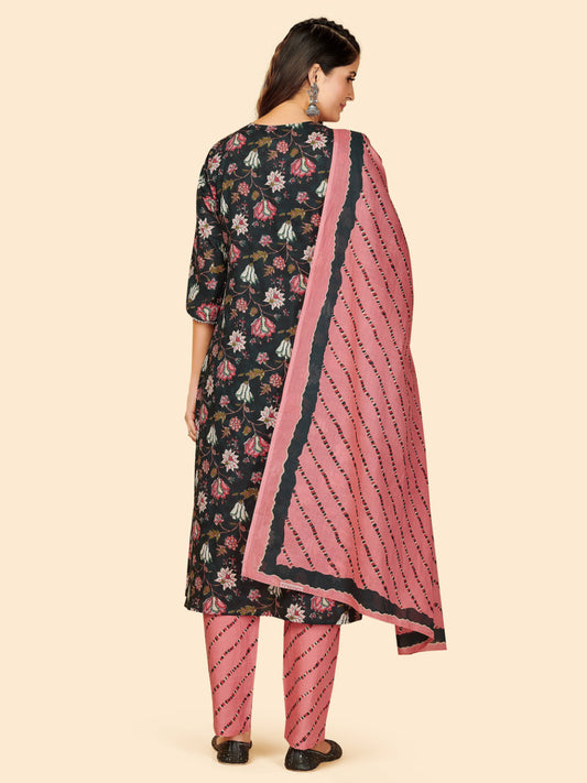 Black Embroidered Straight Cotton Kurta Set
