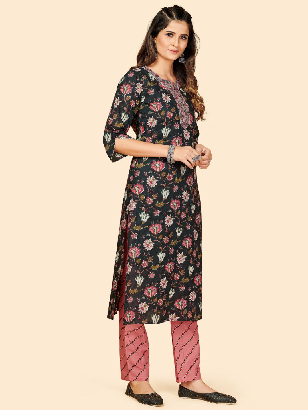 Black Embroidered Straight Cotton Kurta Set