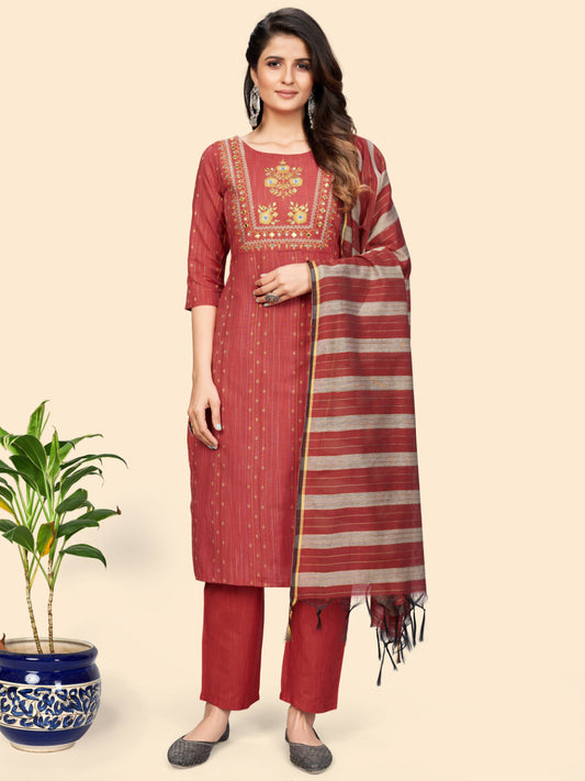 Coral Embroidered Straight Cotton Kurta Set