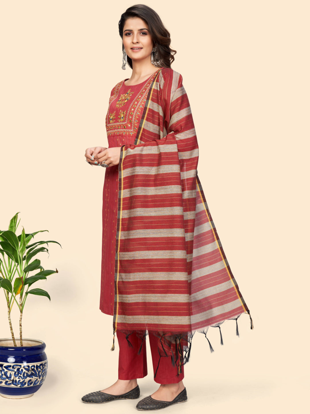 Coral Embroidered Straight Cotton Kurta Set