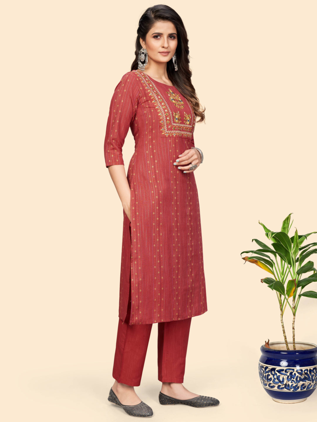 Coral Embroidered Straight Cotton Kurta Set