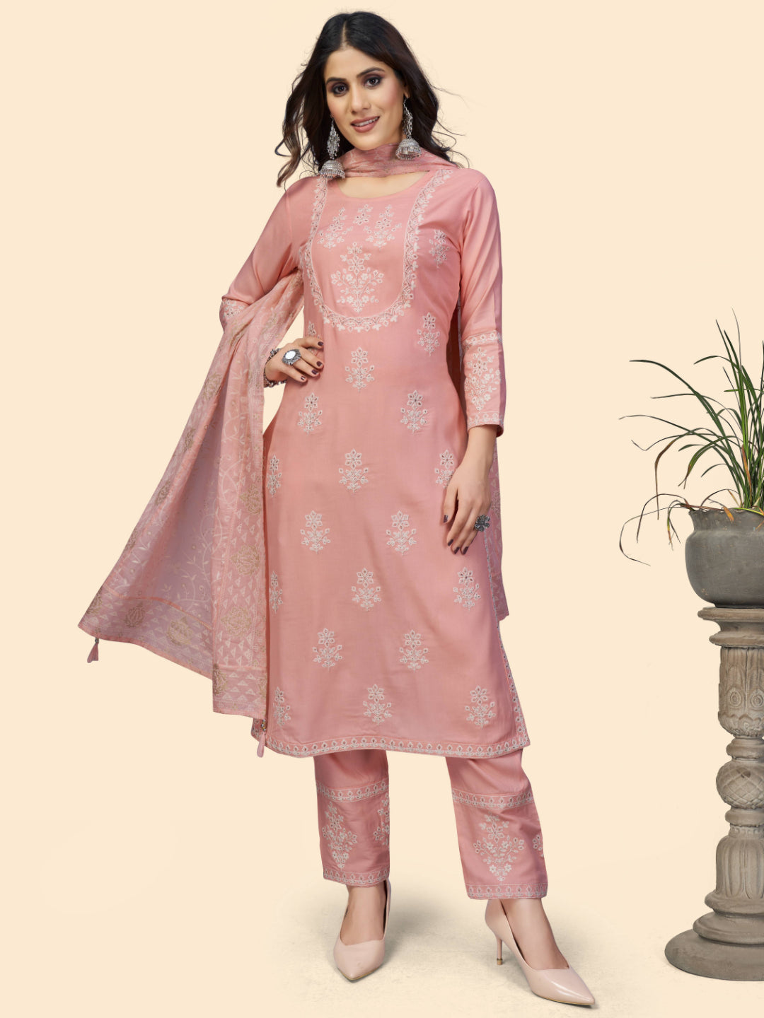 Light Pink Chikankari Straight Rayon Kurta Set