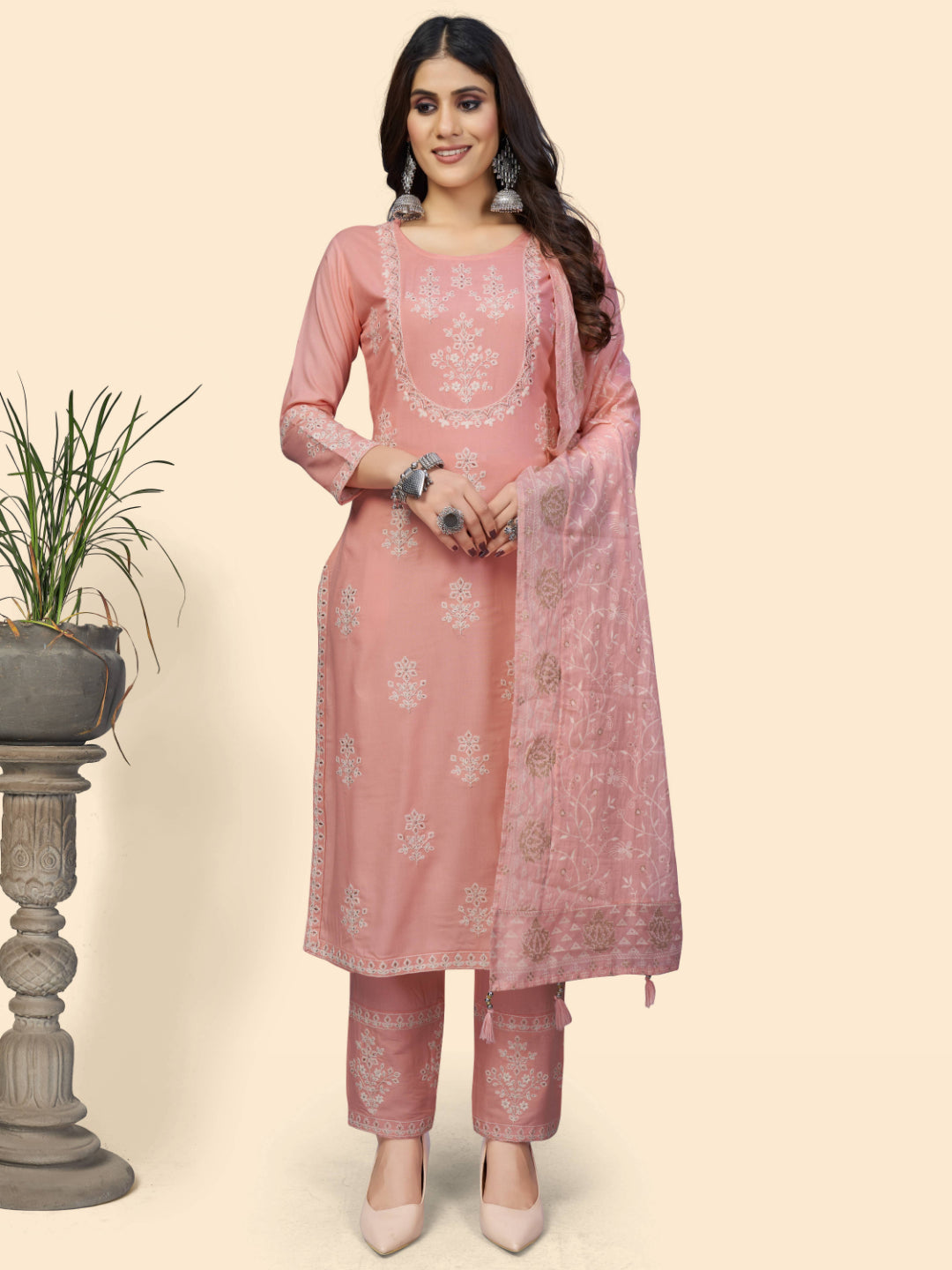 Light Pink Chikankari Straight Rayon Kurta Set