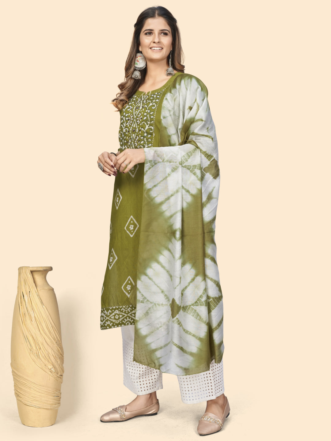 Parrot Green Embroidered Straight Chanderi Kurta Dupatta