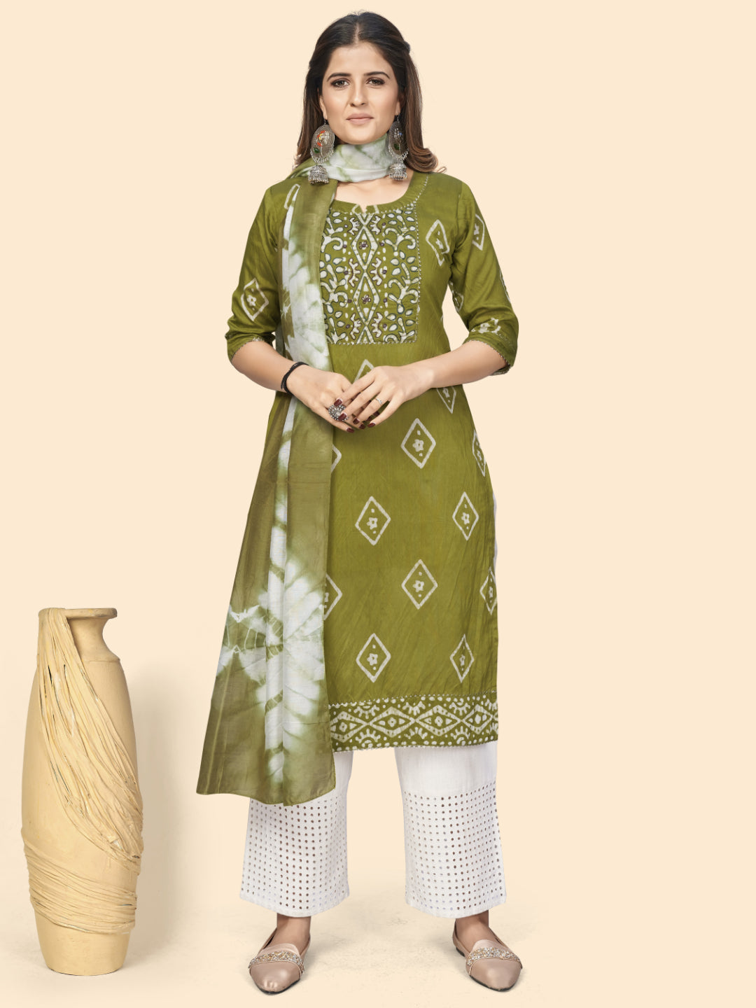Parrot Green Embroidered Straight Chanderi Kurta Dupatta