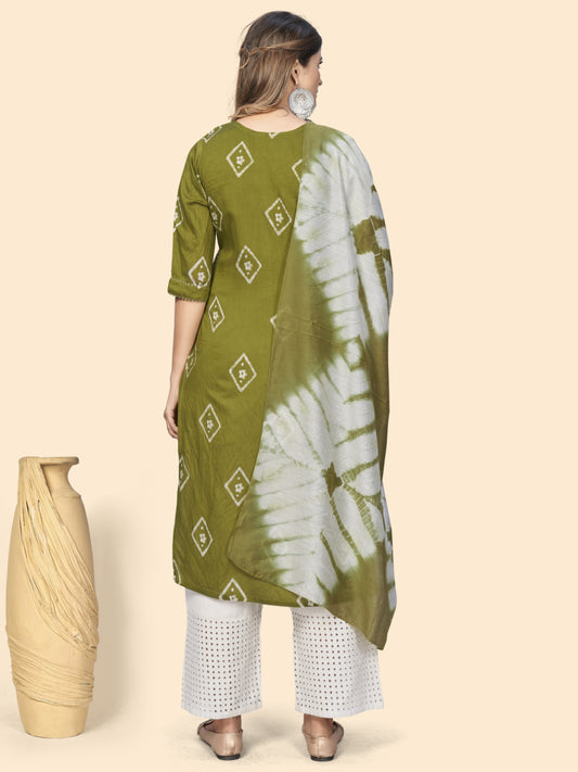 Parrot Green Embroidered Straight Chanderi Kurta Dupatta