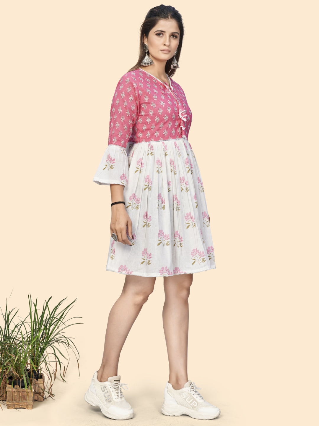 Pink & White Printed A-Line Cotton Dress