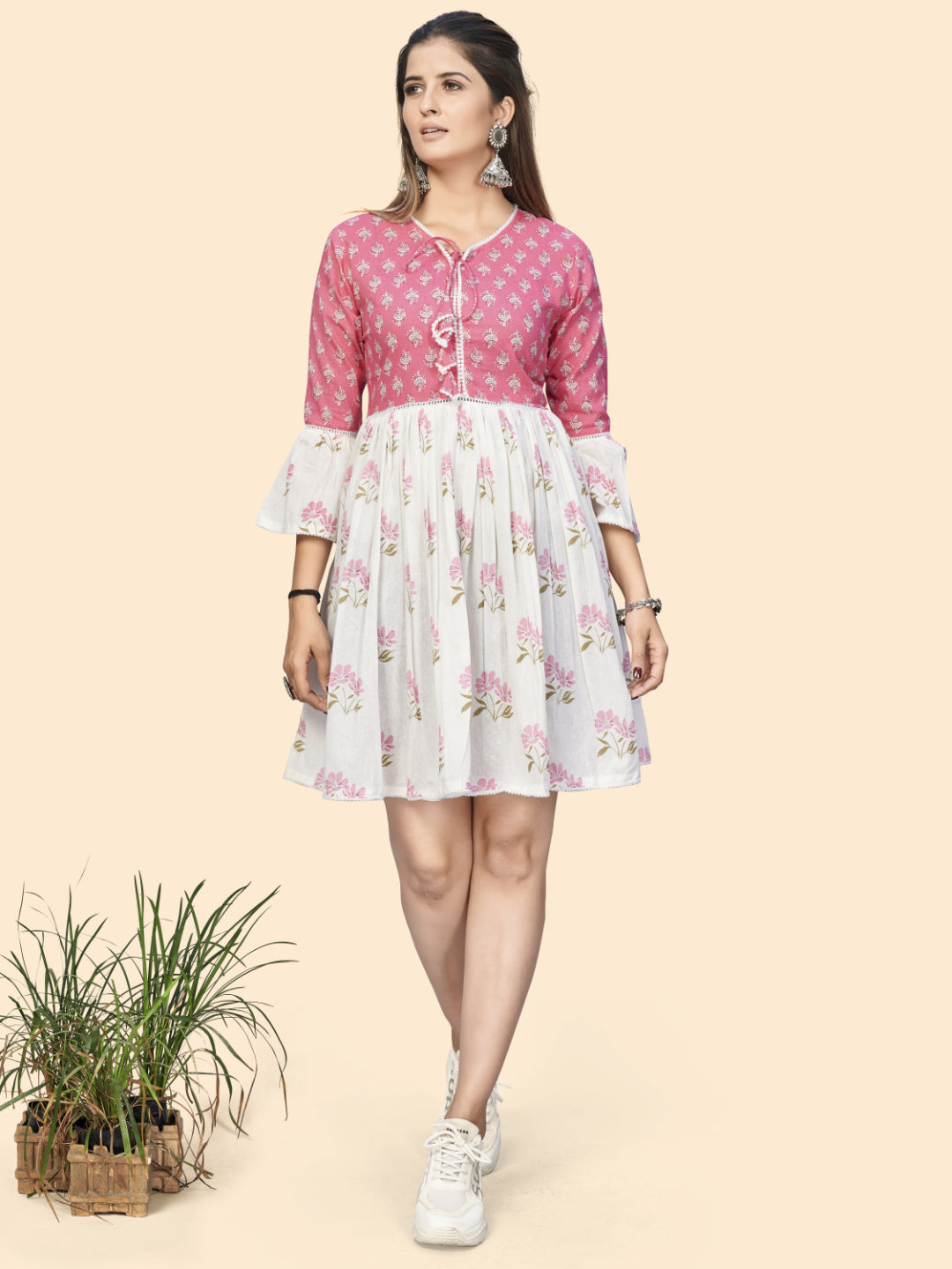 Pink & White Printed A-Line Cotton Dress