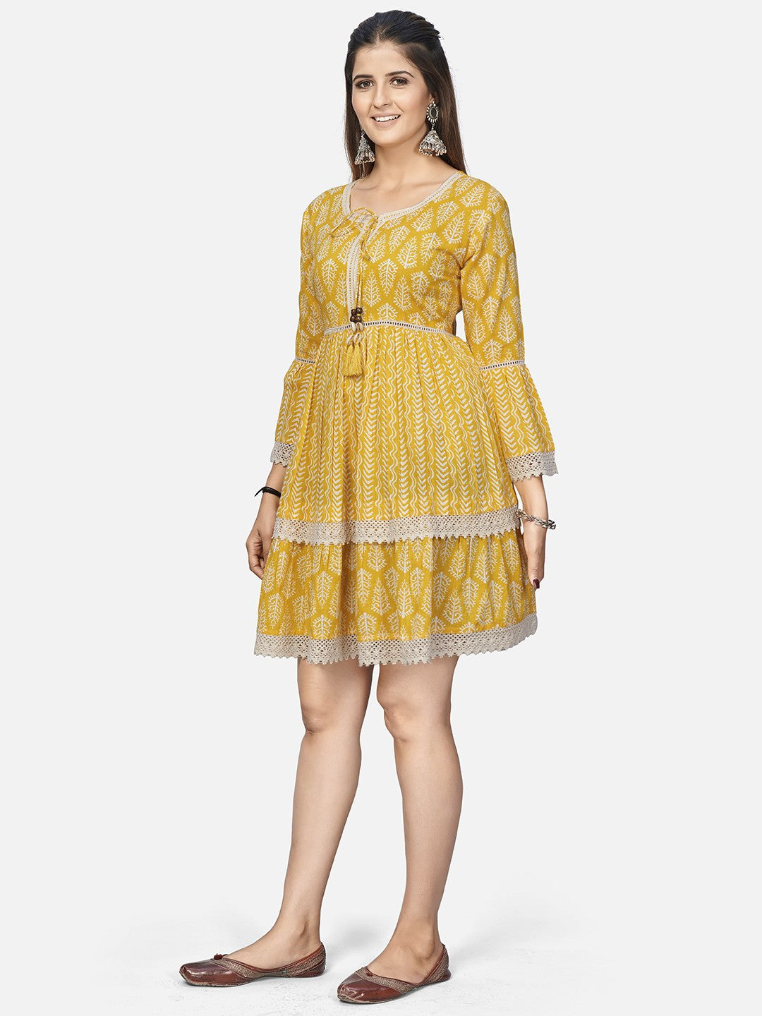 Yellow Embroidered Flared Cotton Dress