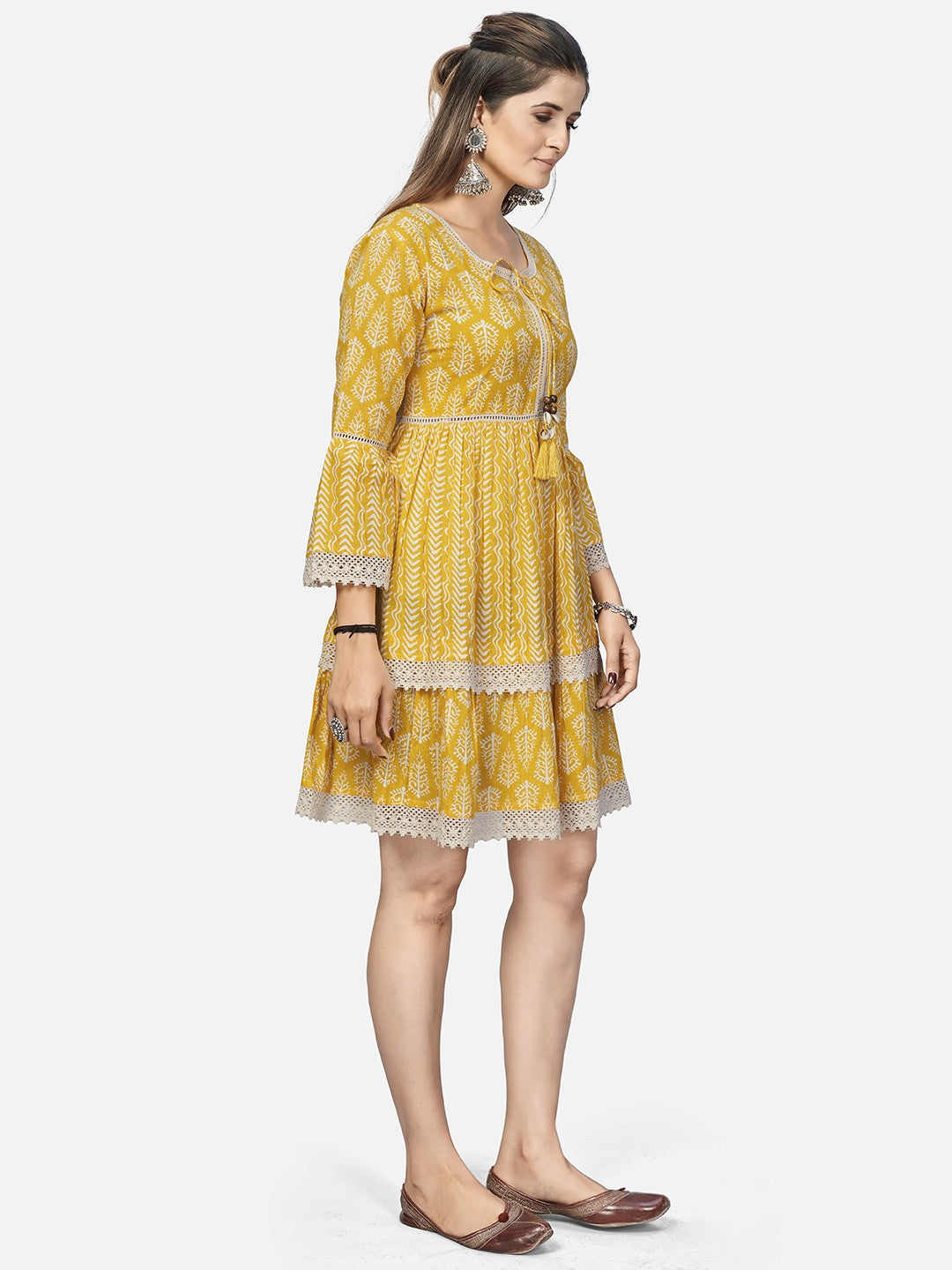 Yellow Embroidered Flared Cotton Dress