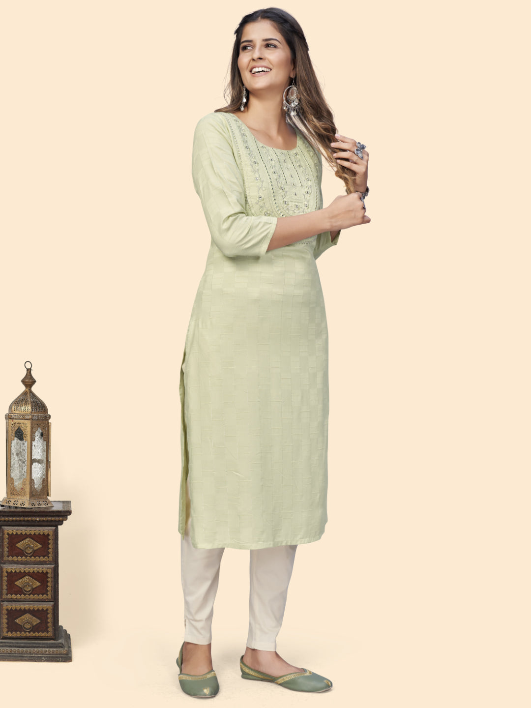 Pista Embroidered Straight Rayon Kurta