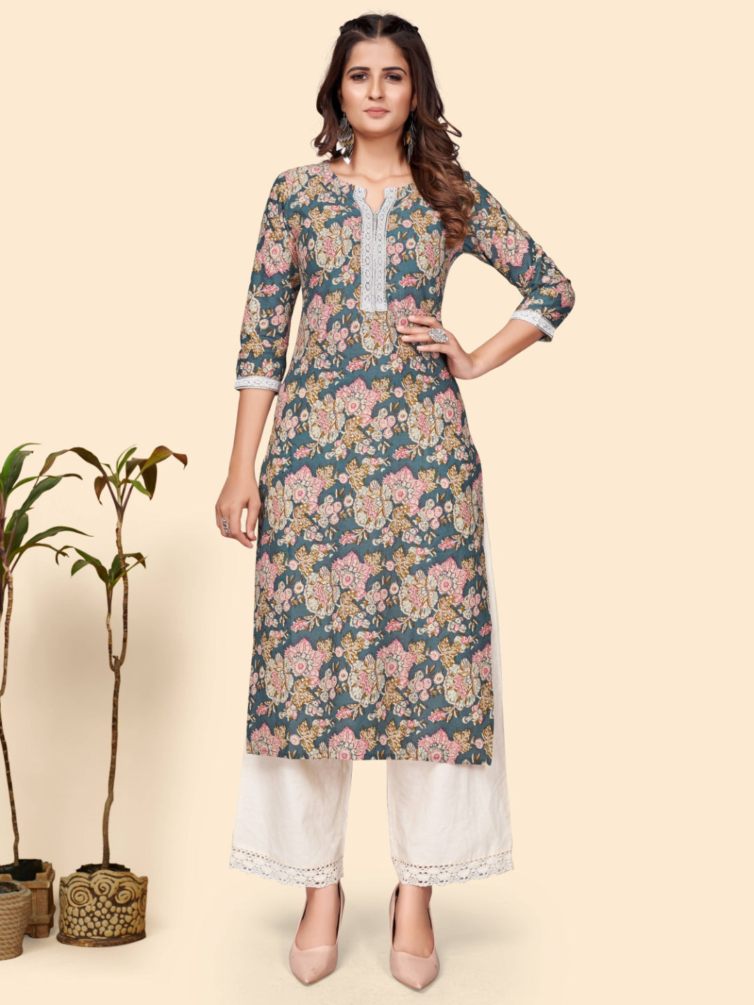 Blue Floral Print Straight Cotton Kurta