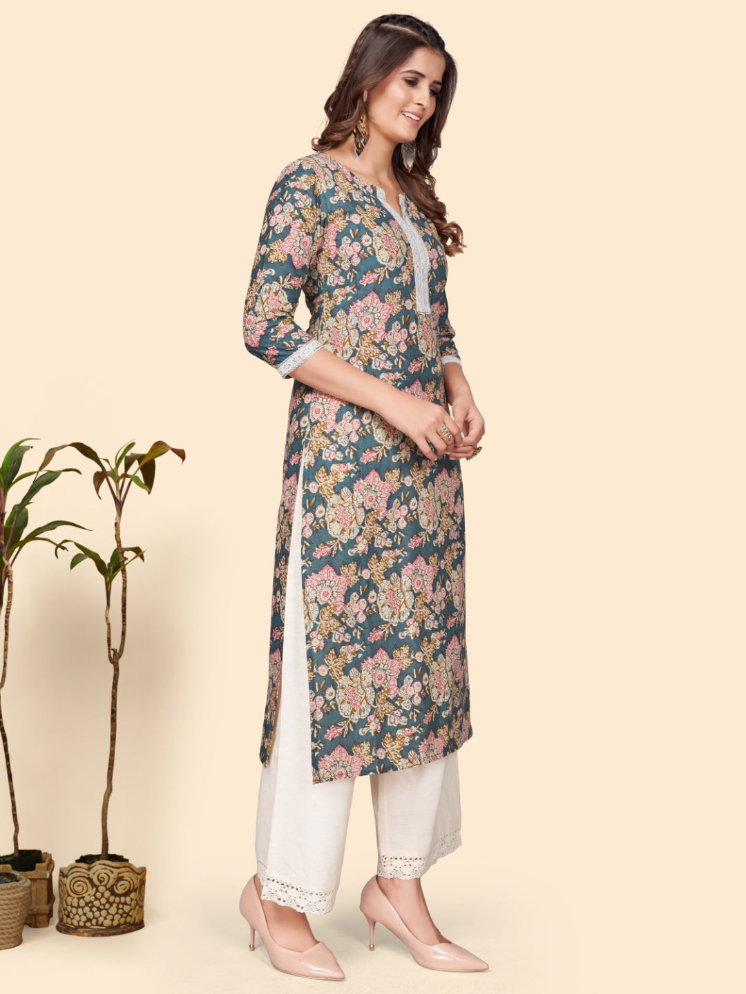 Blue Floral Print Straight Cotton Kurta