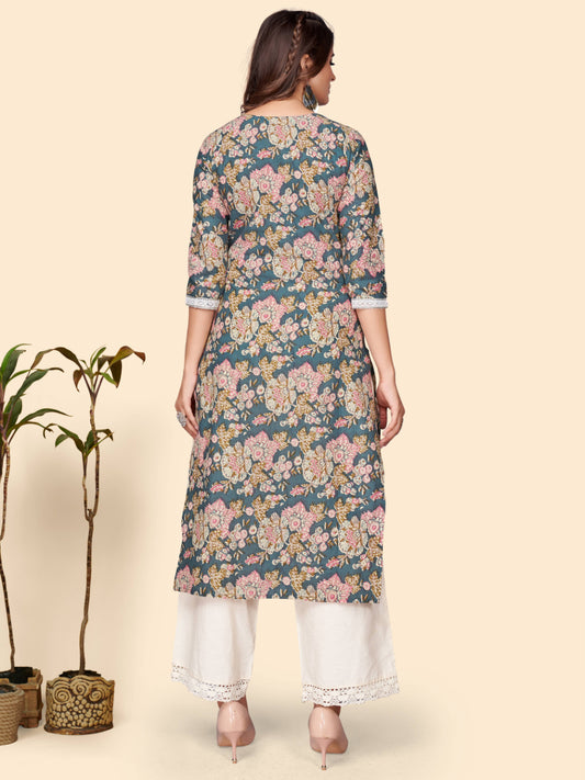 Blue Floral Print Straight Cotton Kurta