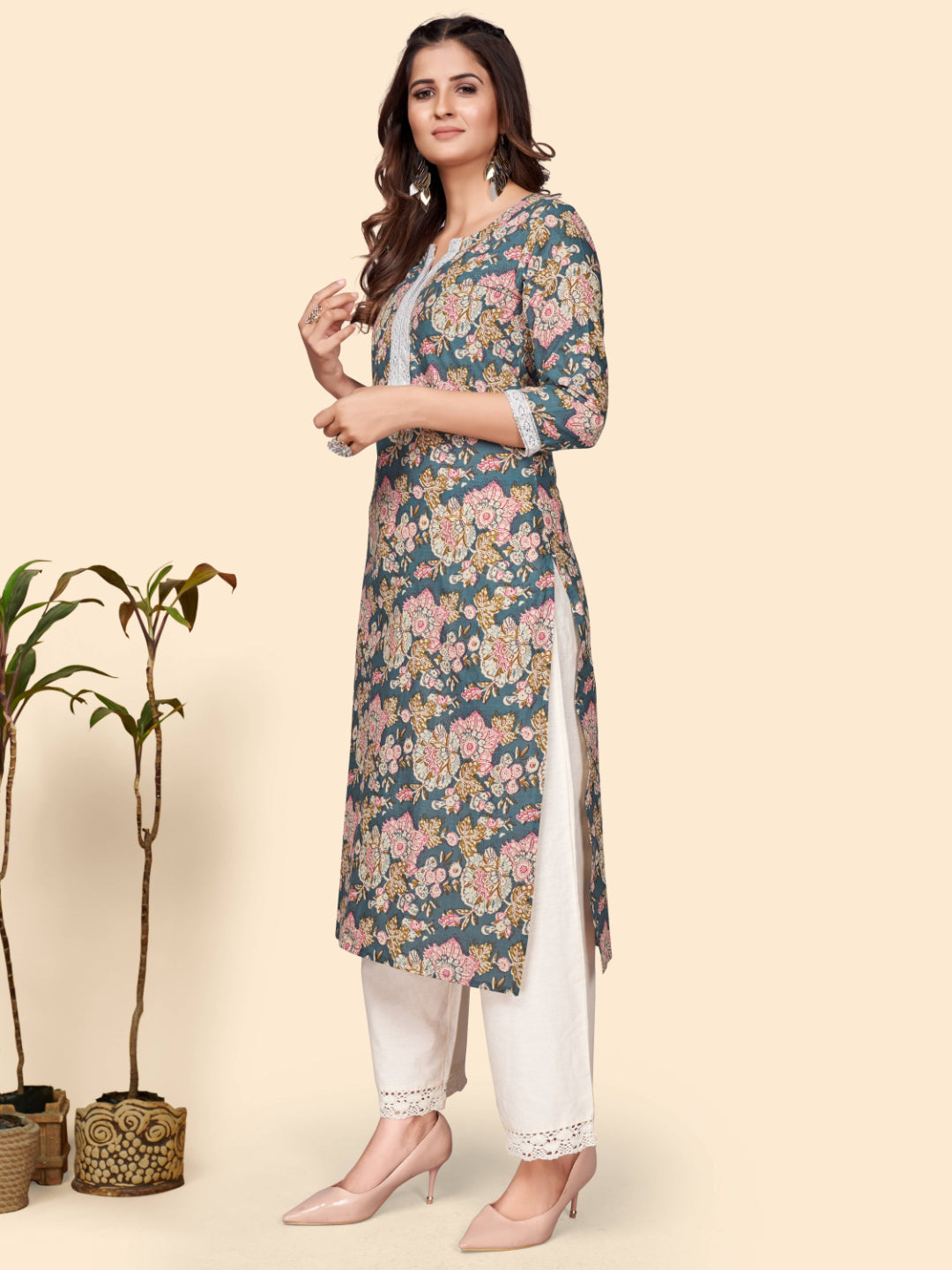 Blue Floral Print Straight Cotton Kurta