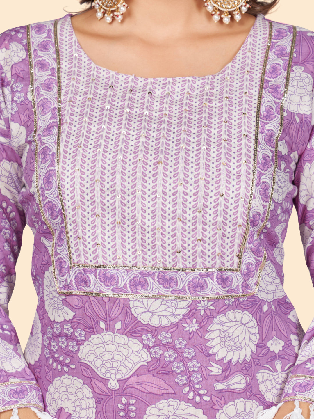 Lavender Sequience Straight Cotton Kurta Set
