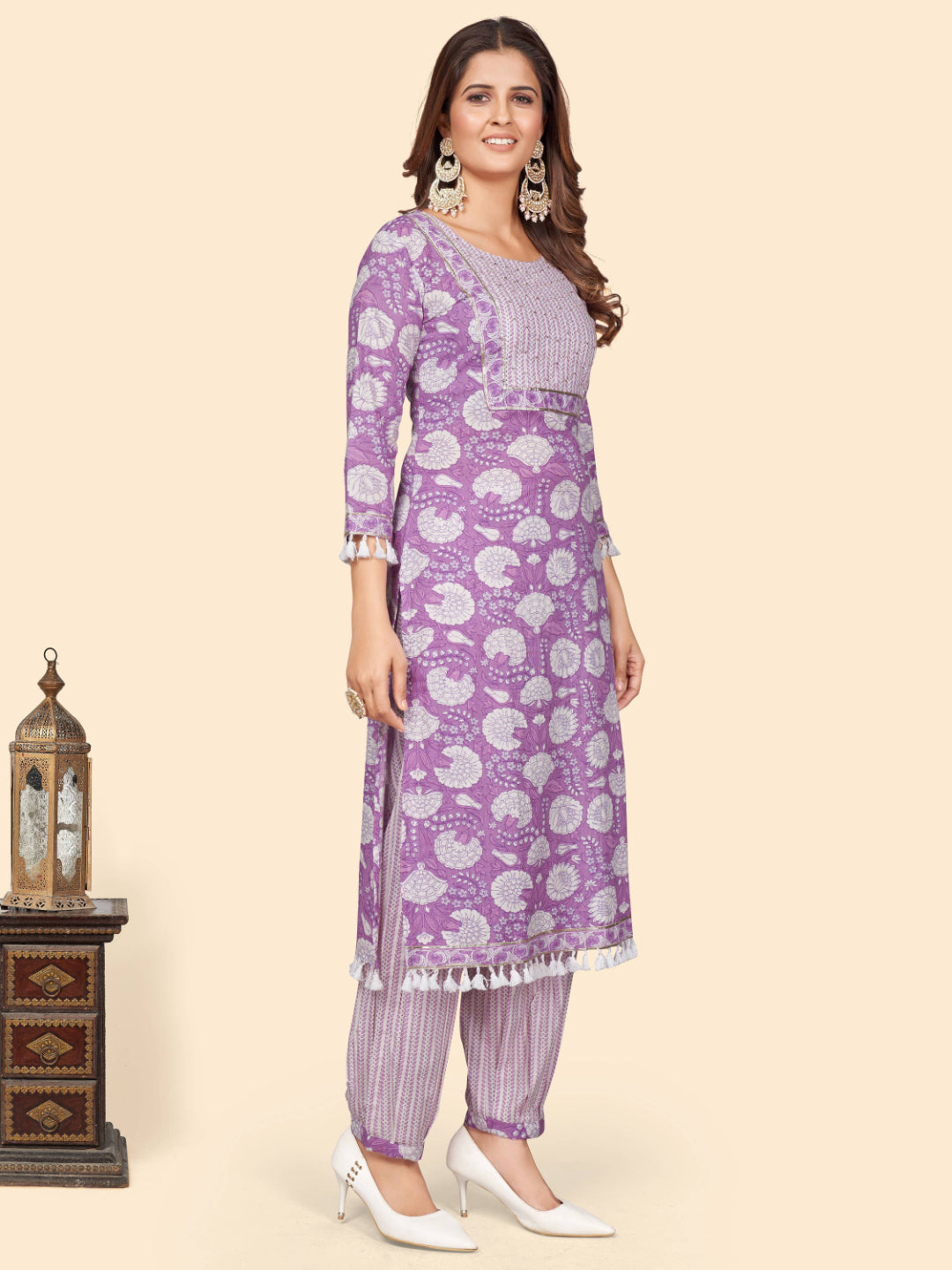 Lavender Sequience Straight Cotton Kurta Set