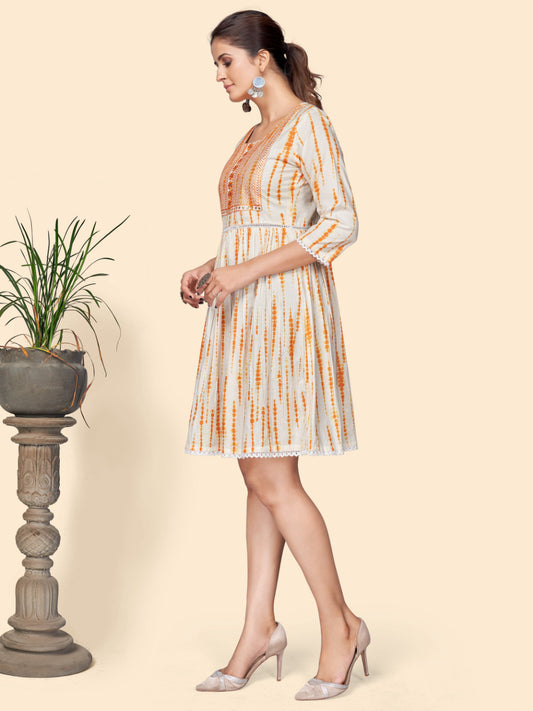 Orange Sequience Flared Cotton Dress