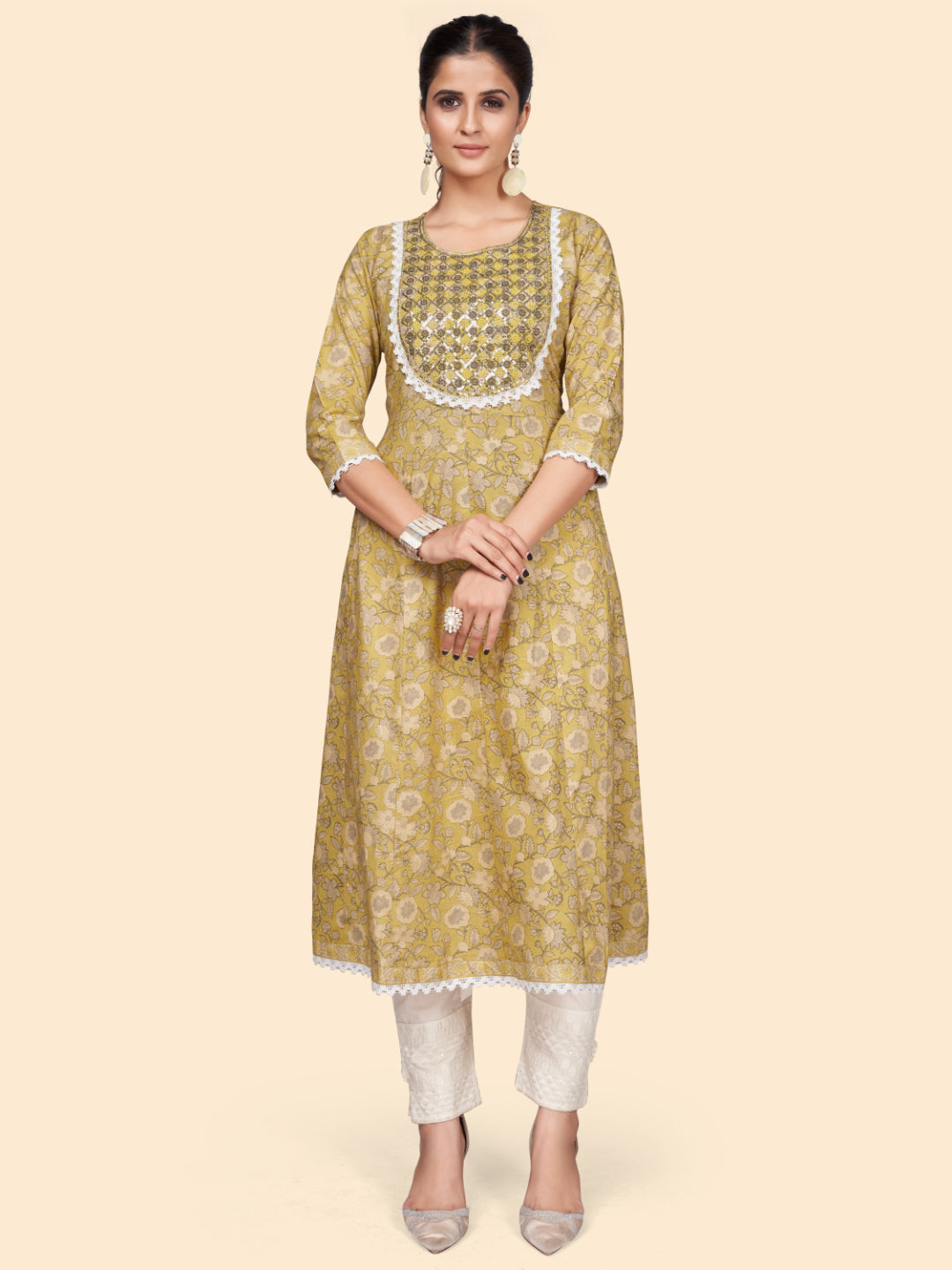 Yellow Embroidered A-Line Cotton Kurta