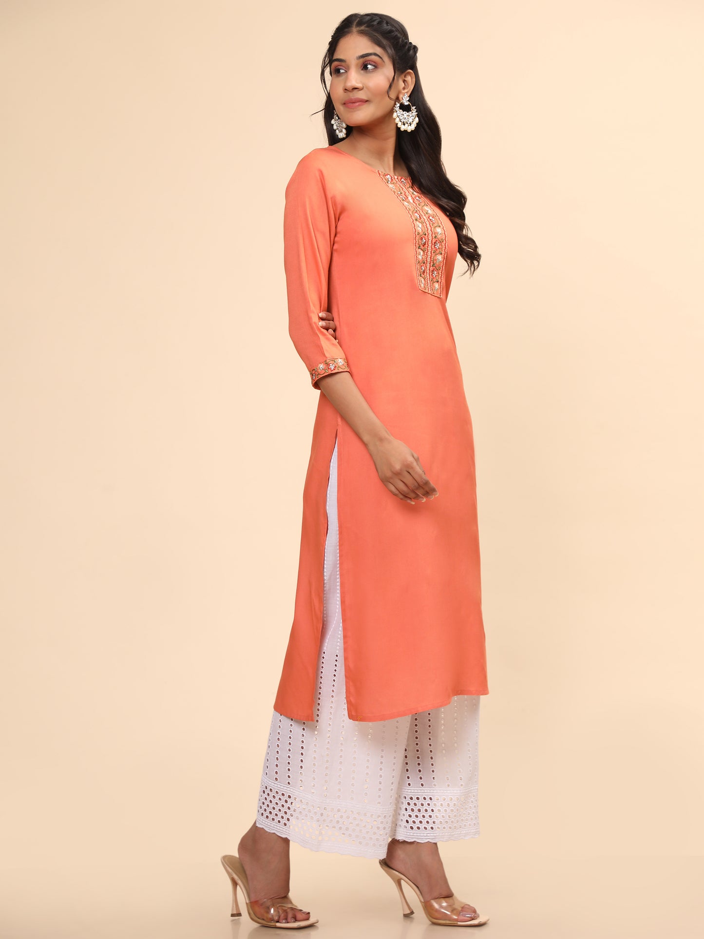 Orange Embroidered Straight Rayon Kurta