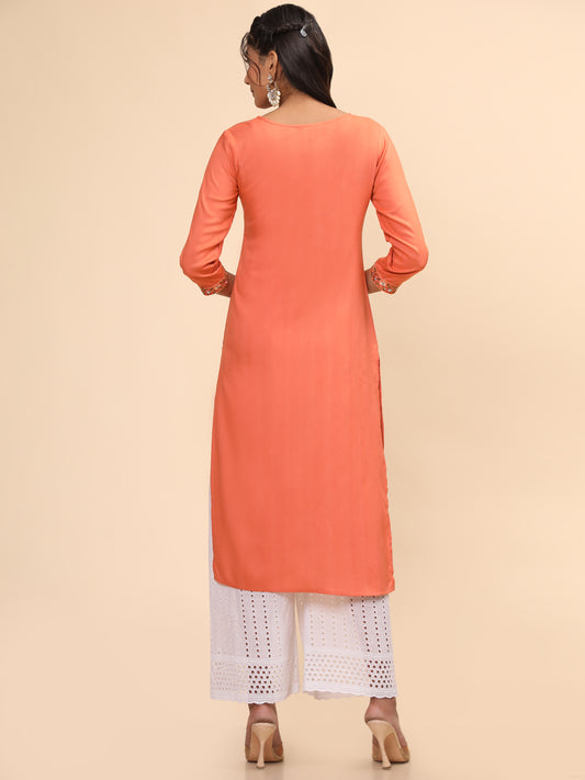 Orange Embroidered Straight Rayon Kurta