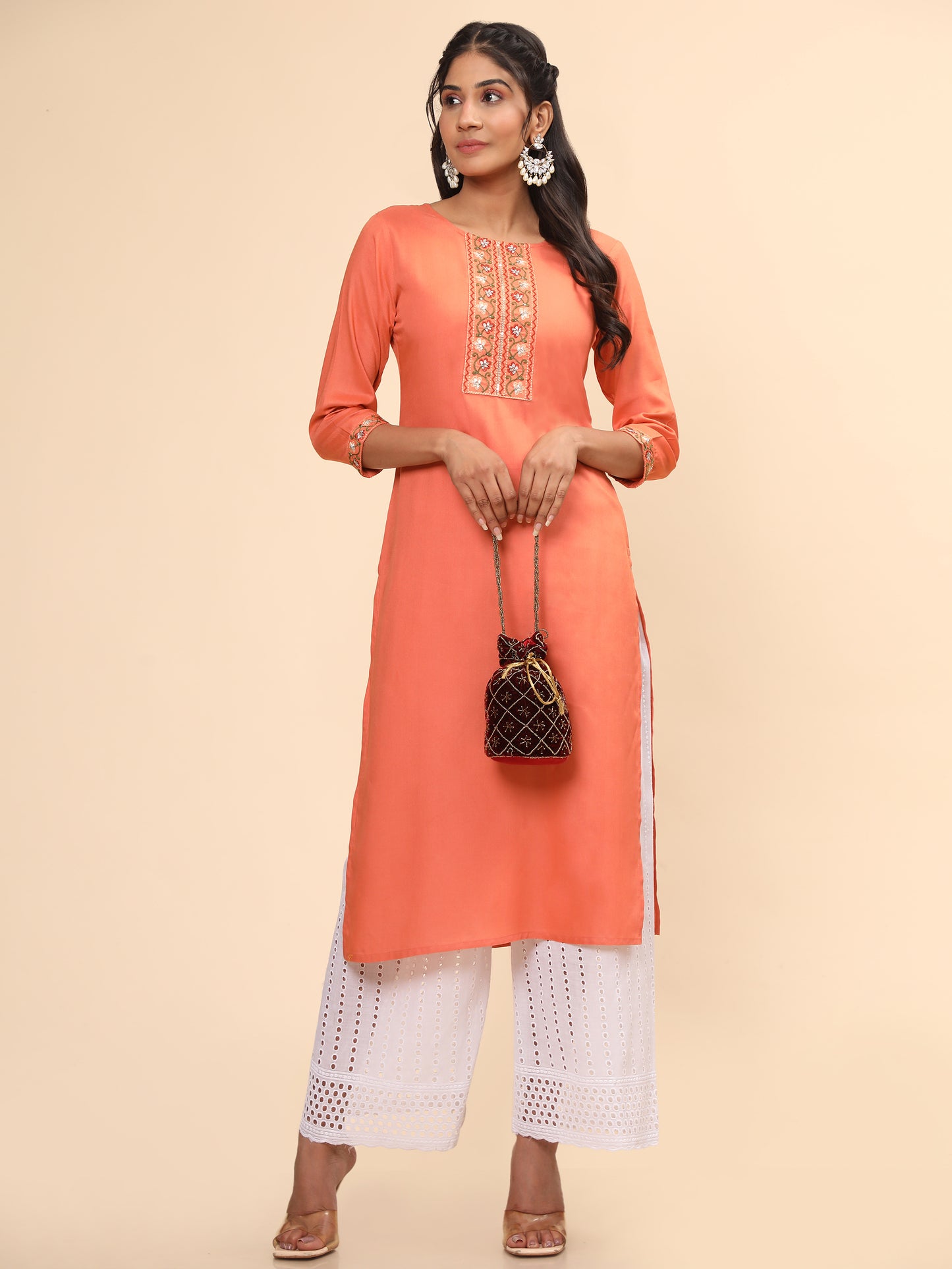 Orange Embroidered Straight Rayon Kurta