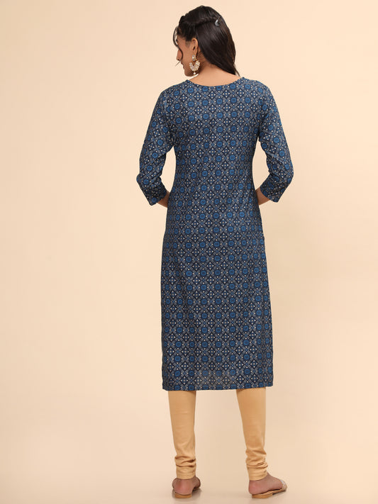 Blue Foil Print Straight Rayon Kurta