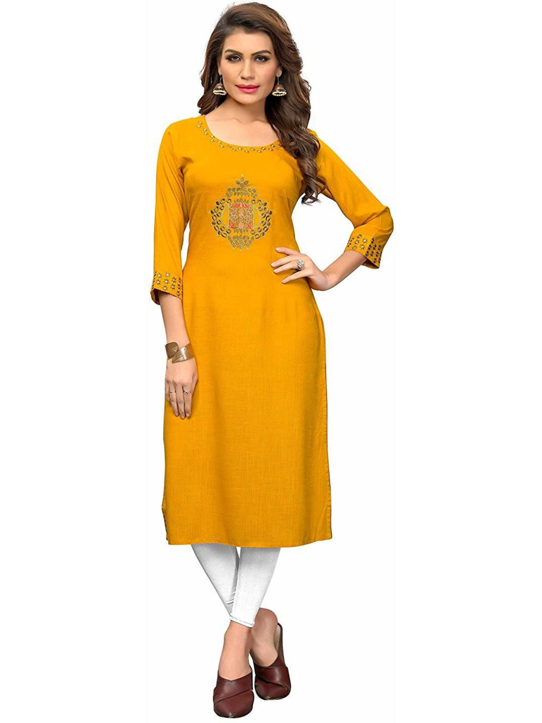 Yellow Embroidered Rayon Straight Kurti