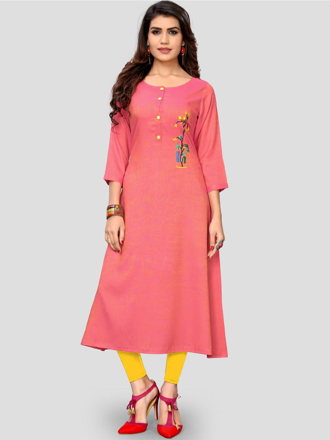 Light Pink Embroidered Rayon A-line Kurti