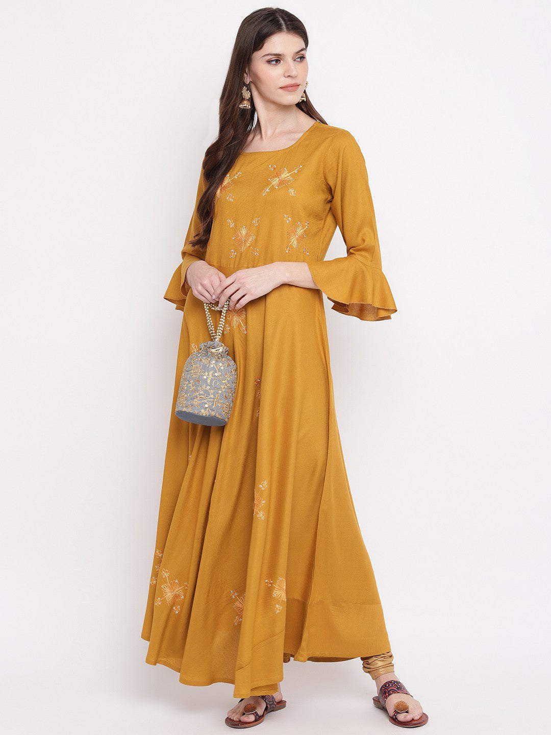 Mustard Embroidered Anarkali Rayon Kurti