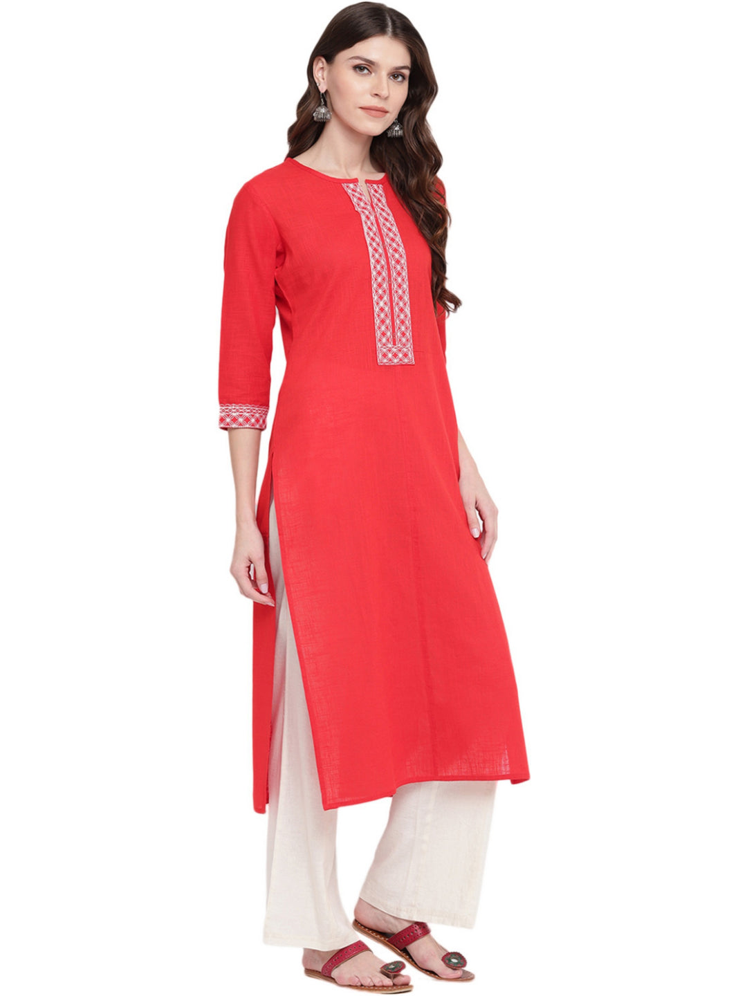 Red Solid Straight Cotton Kurti