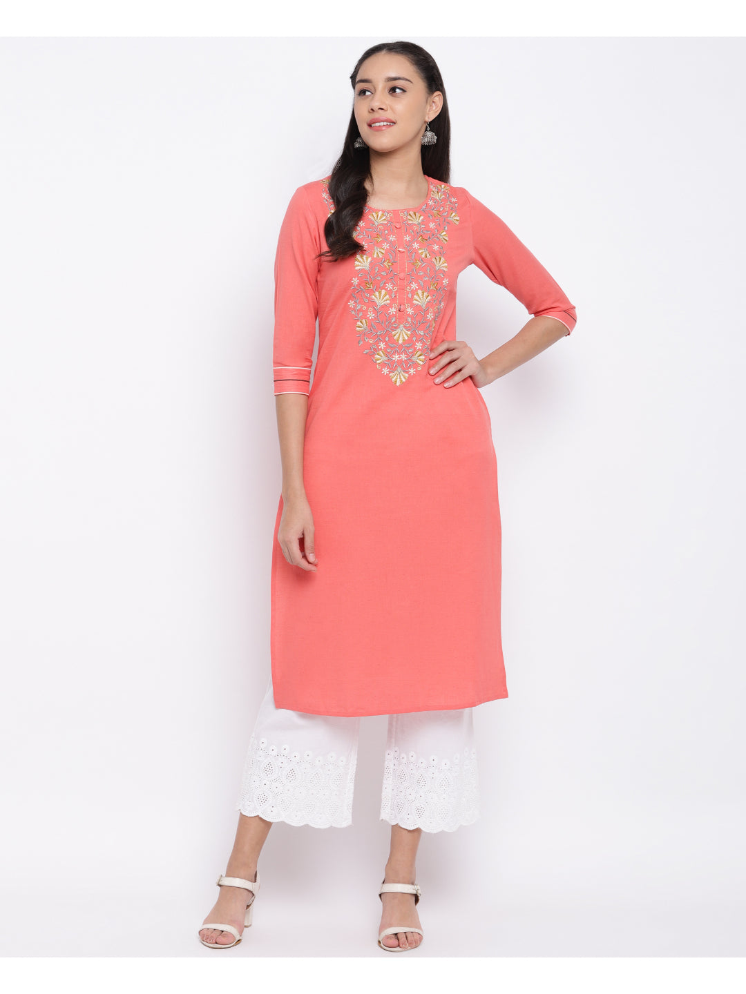 Peach Embroidered Straight Cotton Kurti