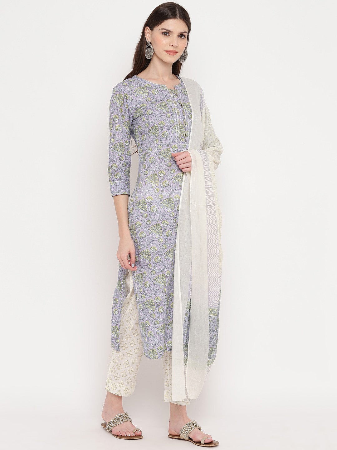 Lavender Embroidered Straight Cotton Kurta Set