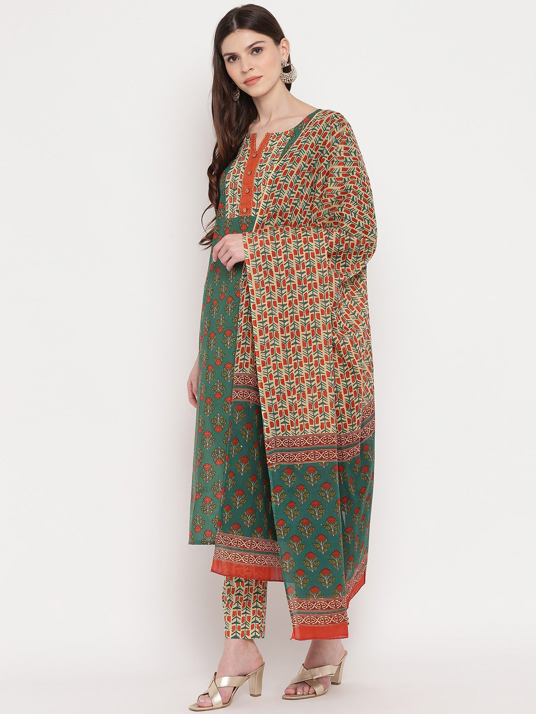 Green Embroidered Straight cotton Kurta Set