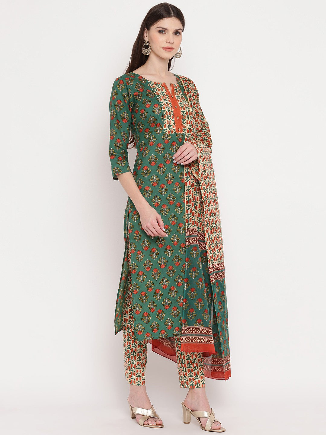 Green Embroidered Straight cotton Kurta Set