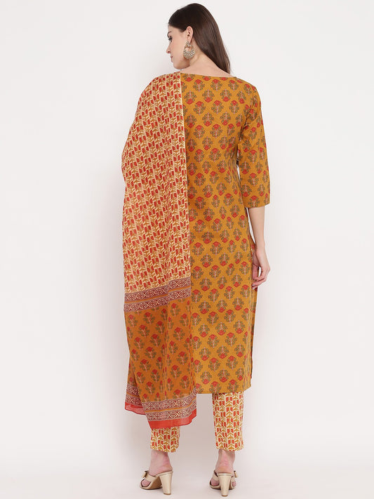 Mustard Yellow Embroidered Straight cotton Kurta Set