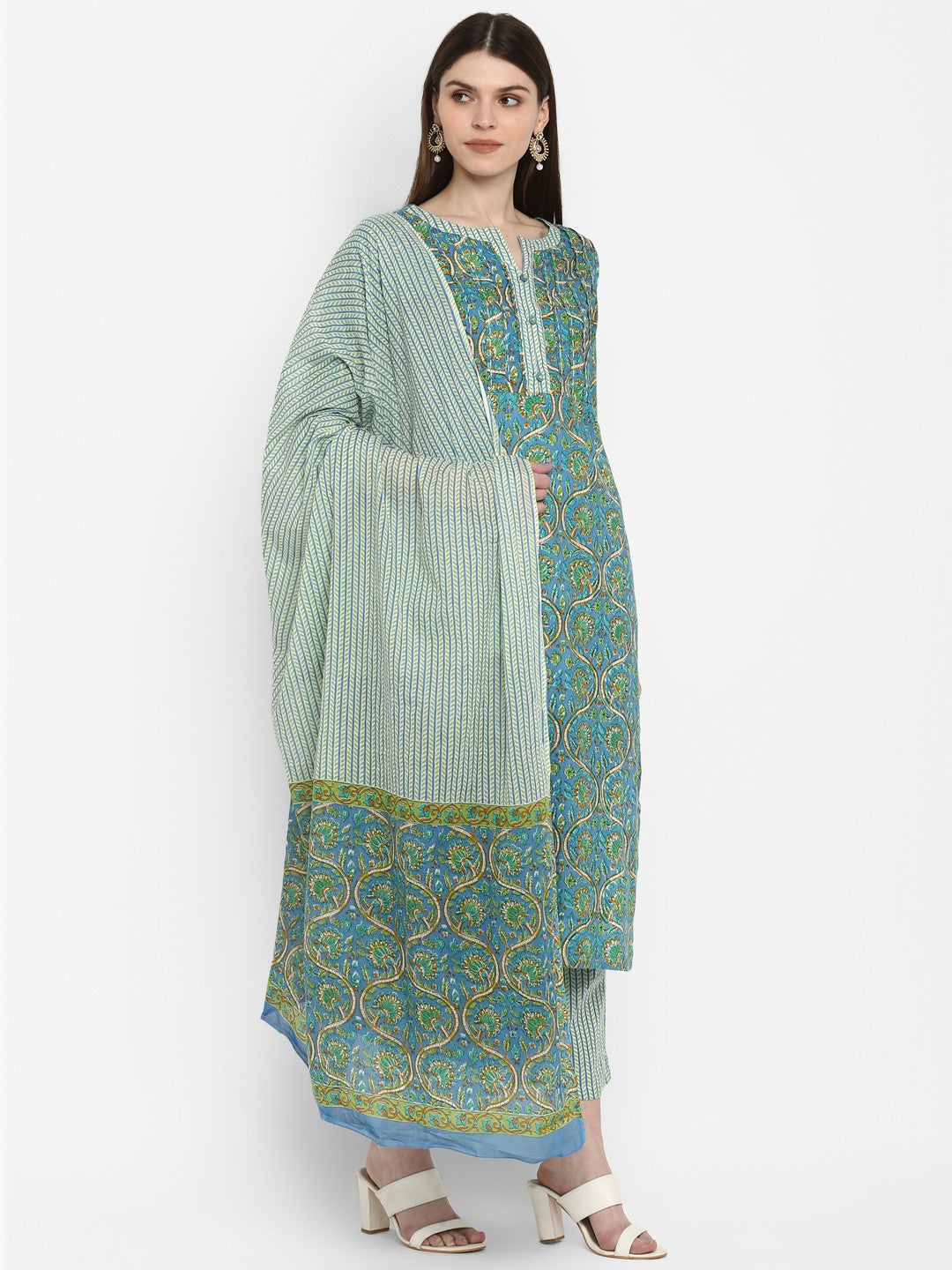Blue Floral Print Straight Cotton Kurta Set
