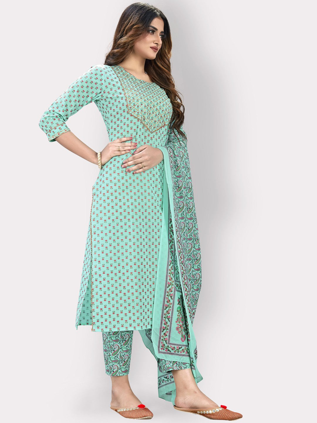 Turquoise Straight Cotton Kurta Set