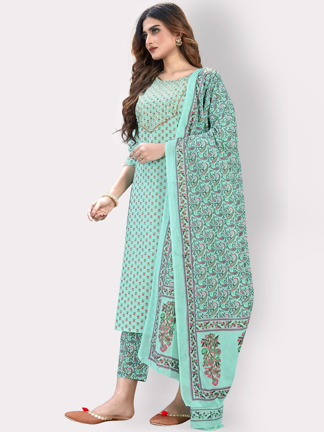 Turquoise Straight Cotton Kurta Set
