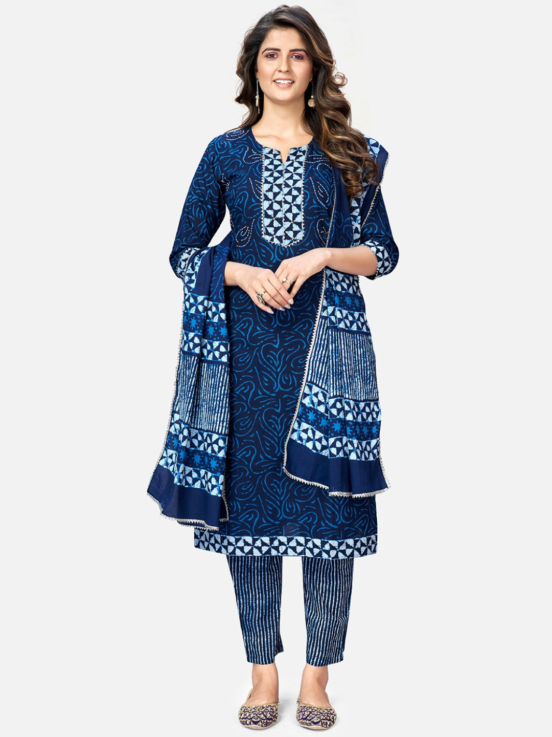 Blue Sequence Straight Cotton Kurta Set
