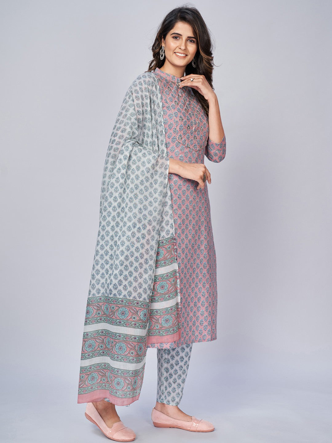 Light Pink Sequience Straight Cotton Kurta Set