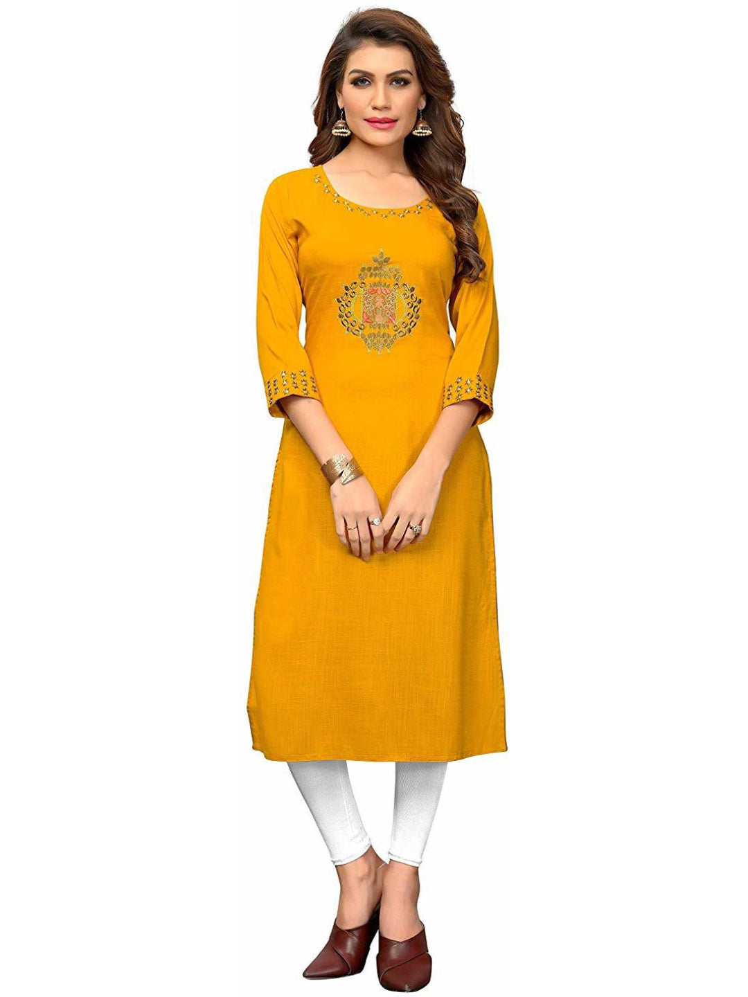 Yellow Embroidered Rayon Straight Kurti