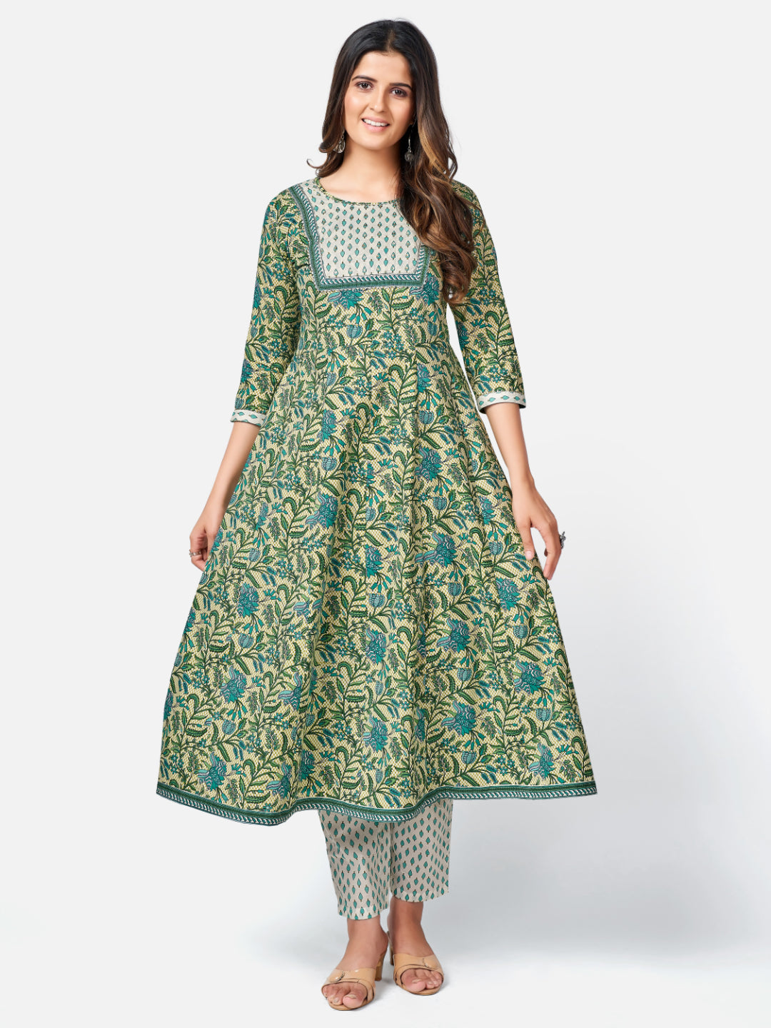 Green Embroidered Anarkali Cotton Kurta Set