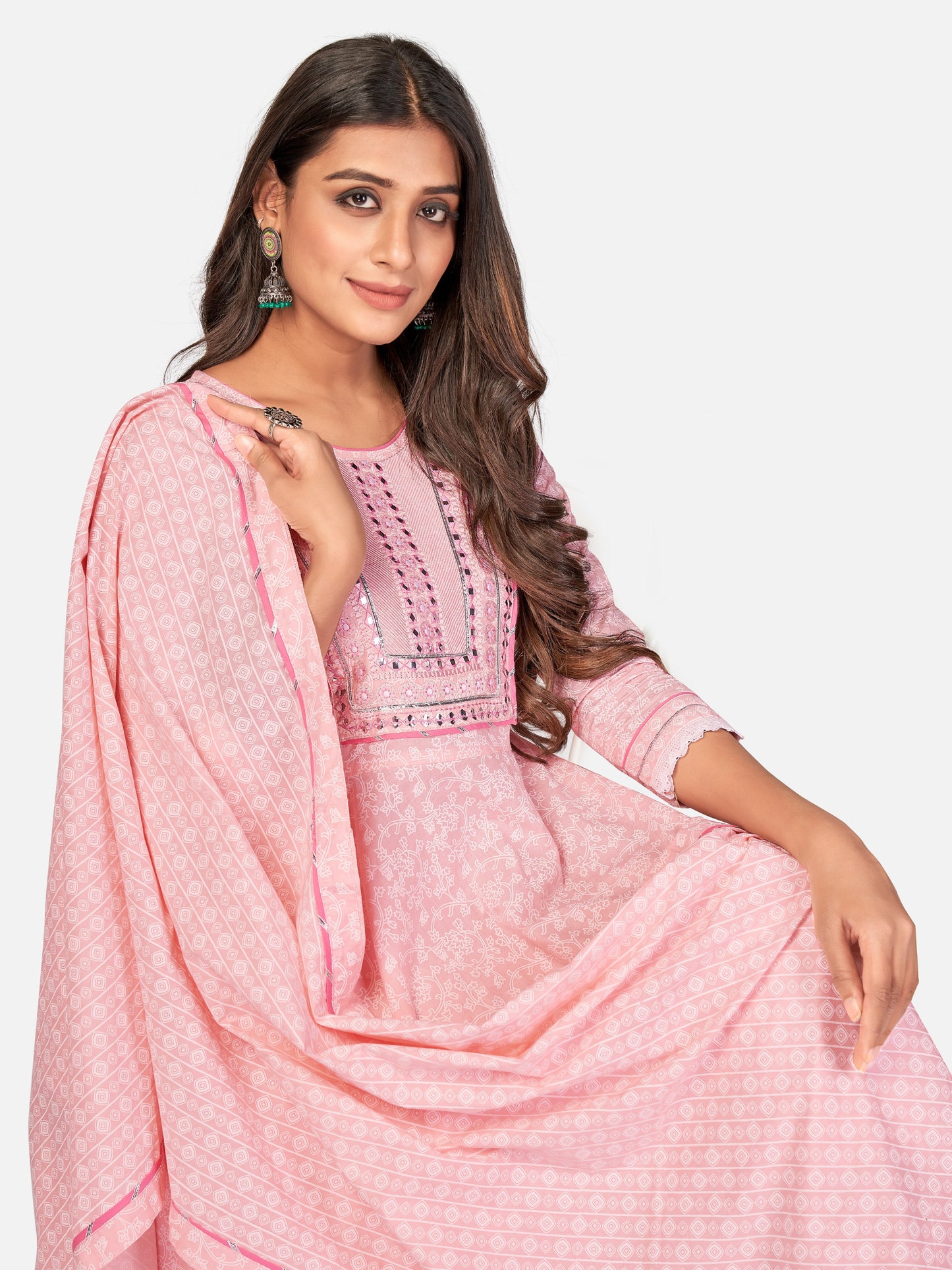 Baby Pink Embroidered Anarkali Cotton Kurta Set