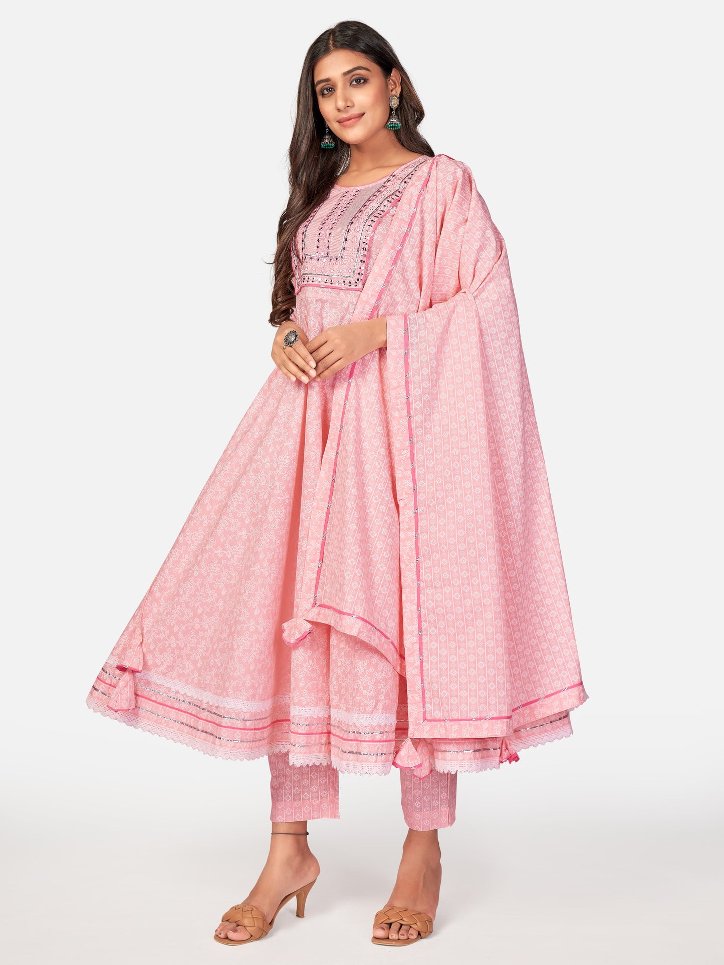 Baby Pink Embroidered Anarkali Cotton Kurta Set