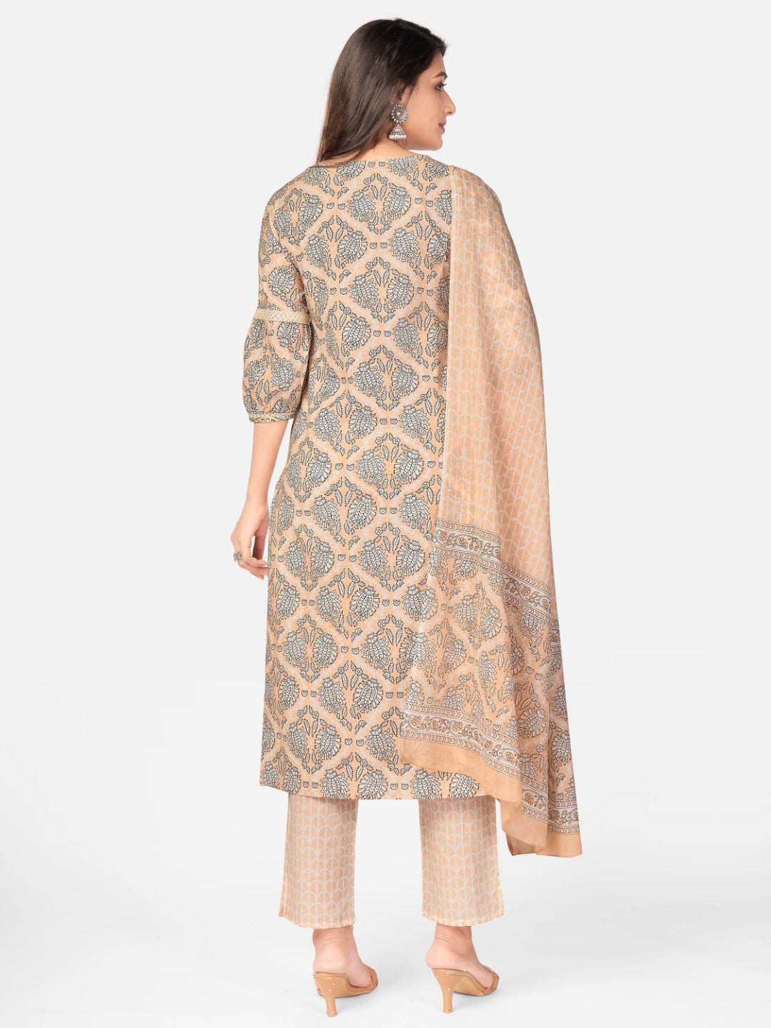 Light Peach Printed Straight Cotton Kurta Set