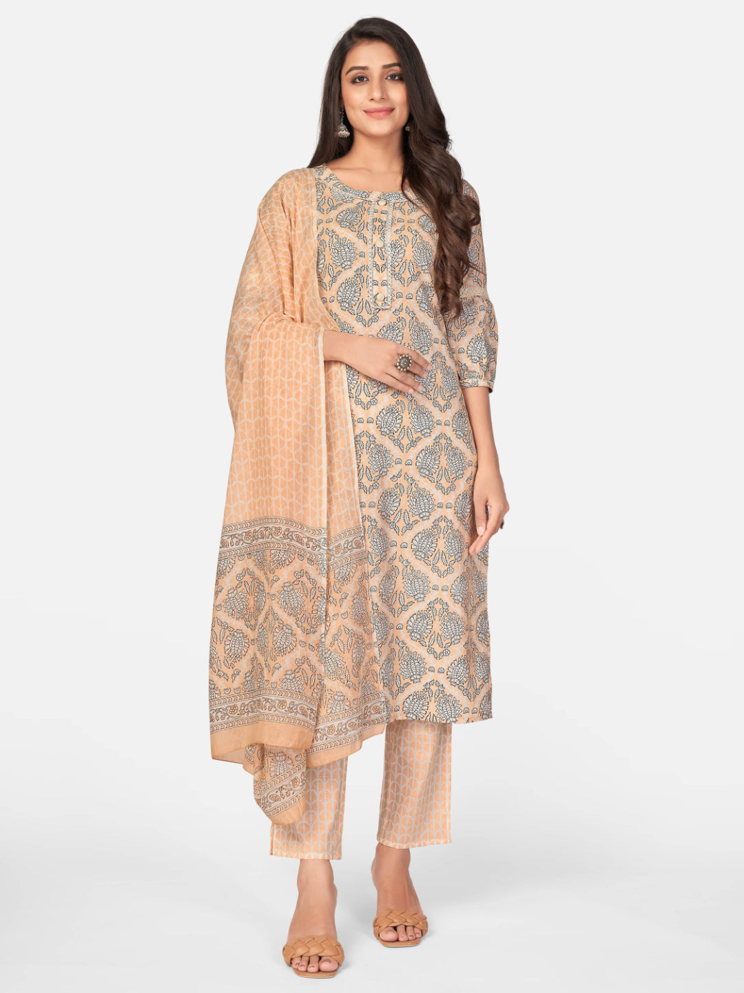 Light Peach Printed Straight Cotton Kurta Set
