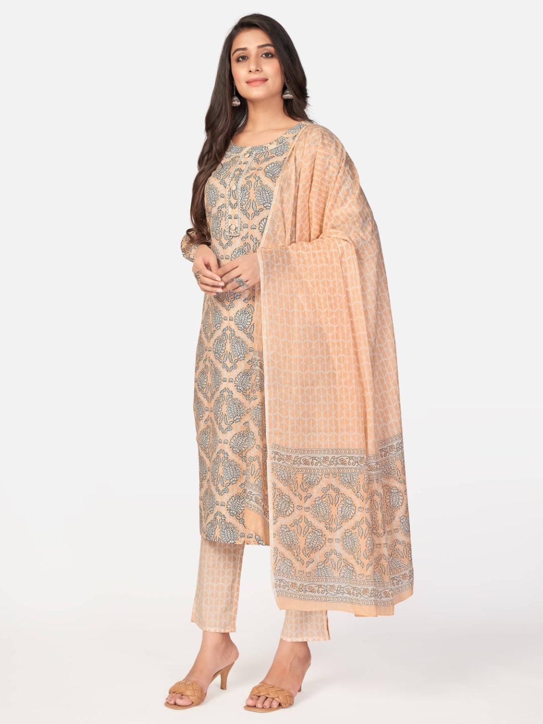 Light Peach Printed Straight Cotton Kurta Set